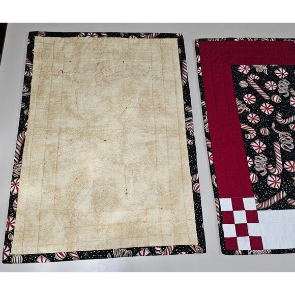 Handcrafted Christmas Quilted Placemats 20x14.5" set/2 peppermints black red whi - Picture 7 of 10